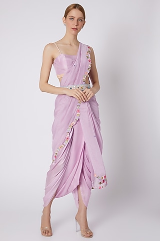 Lavender Embroidered Pant Saree Set by Sonam Luthria