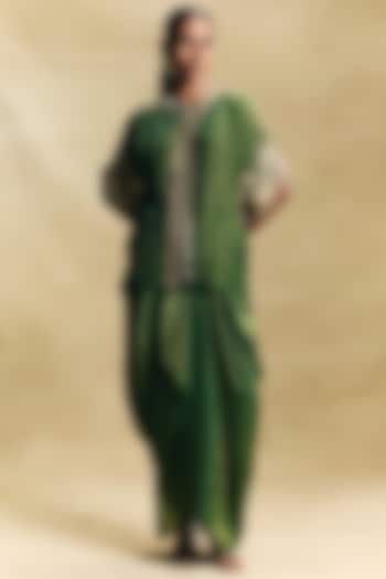 Green Crepe Tissue Draped Skirt Set by Sonam Luthria at Pernia's Pop Up Shop