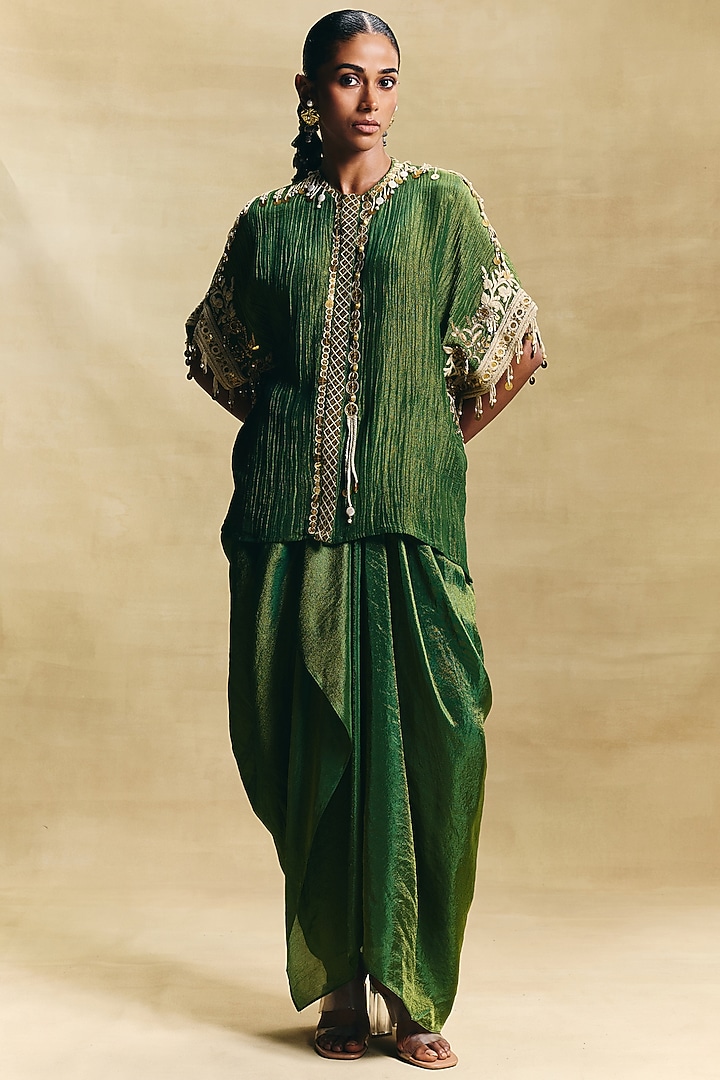 Green Crepe Tissue Draped Skirt Set by Sonam Luthria at Pernia's Pop Up Shop