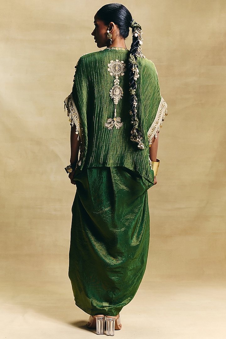 Green Crepe Tissue Draped Skirt Set by Sonam Luthria at Pernia's Pop Up Shop