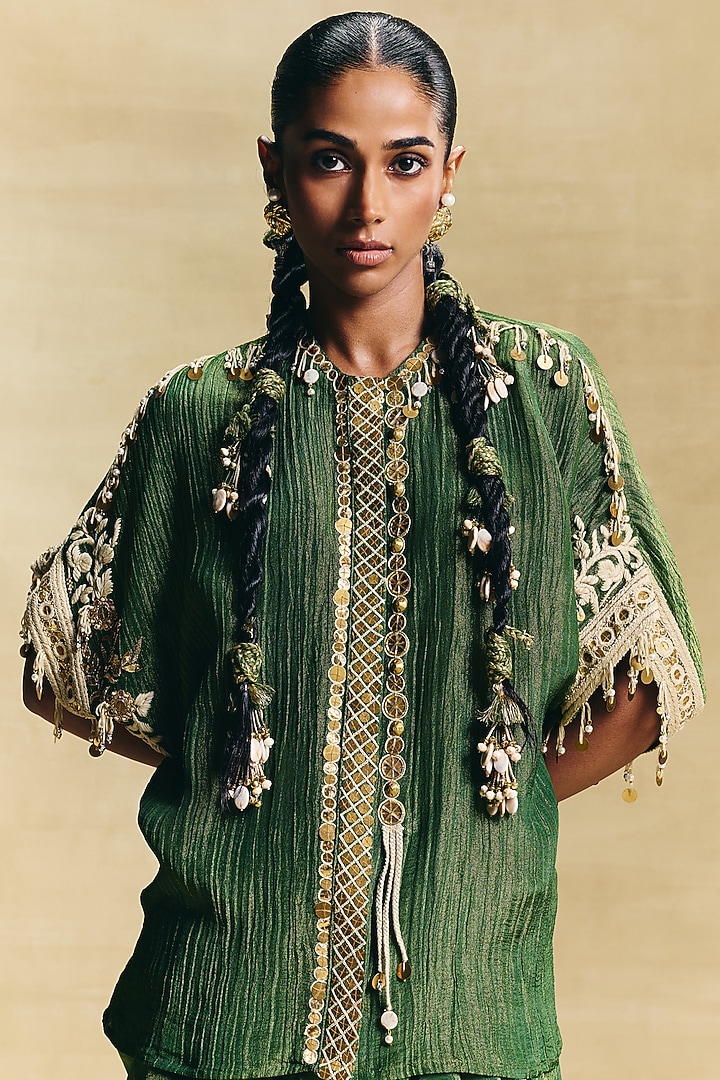 Green Crepe Tissue Draped Skirt Set by Sonam Luthria at Pernia's Pop Up Shop