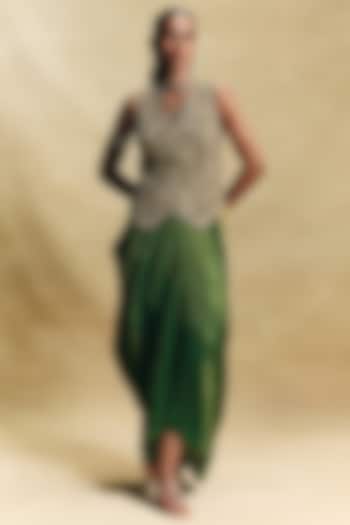 Green Crepe Tissue Draped Skirt Set by Sonam Luthria at Pernia's Pop Up Shop