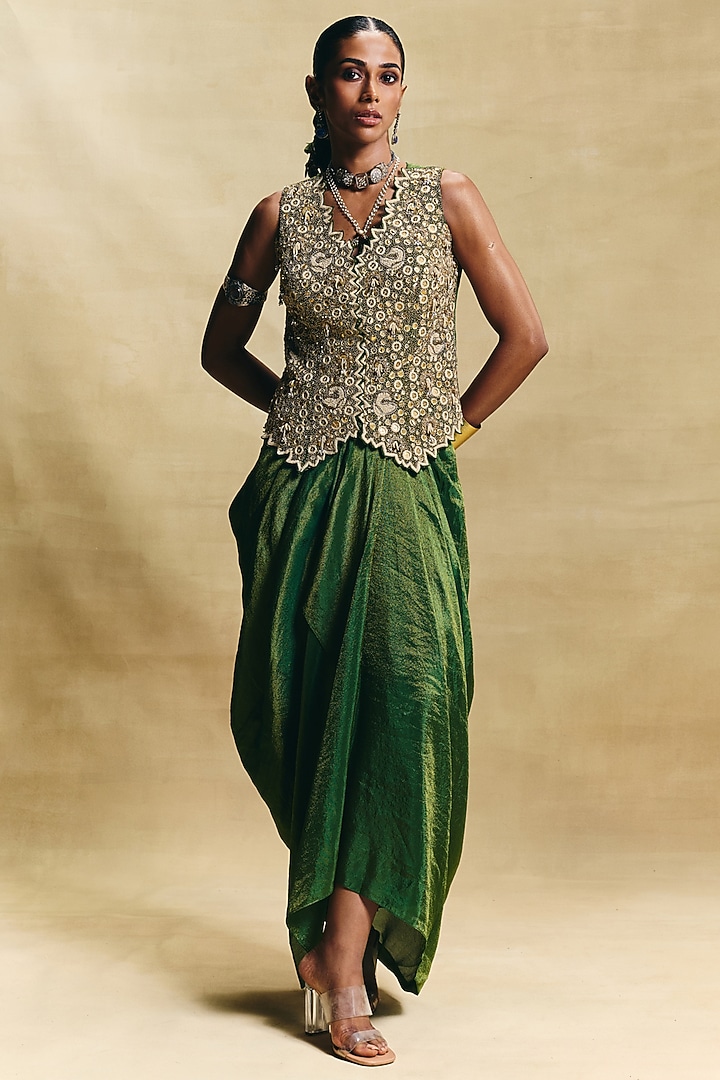 Green Crepe Tissue Draped Skirt Set by Sonam Luthria at Pernia's Pop Up Shop