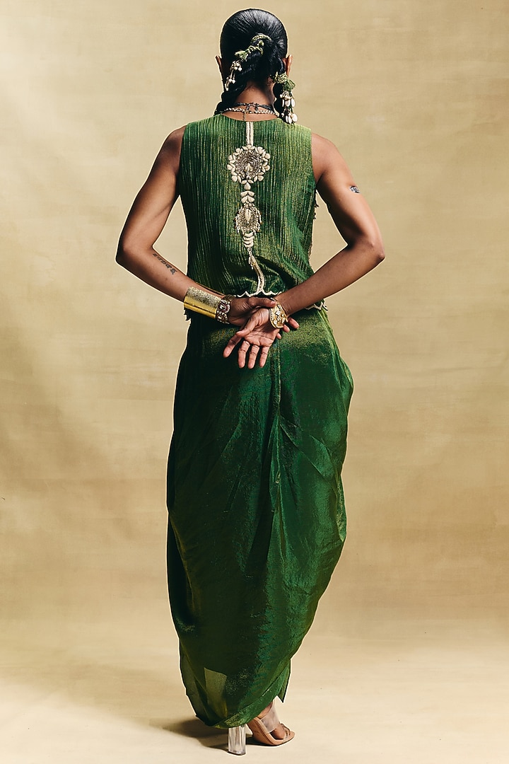Green Crepe Tissue Draped Skirt Set by Sonam Luthria at Pernia's Pop Up Shop