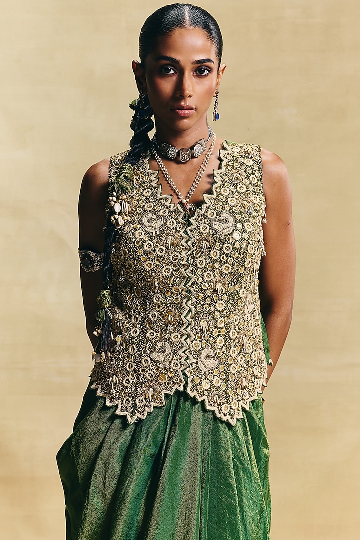 Green Crepe Tissue Draped Skirt Set by Sonam Luthria at Pernia's Pop Up Shop