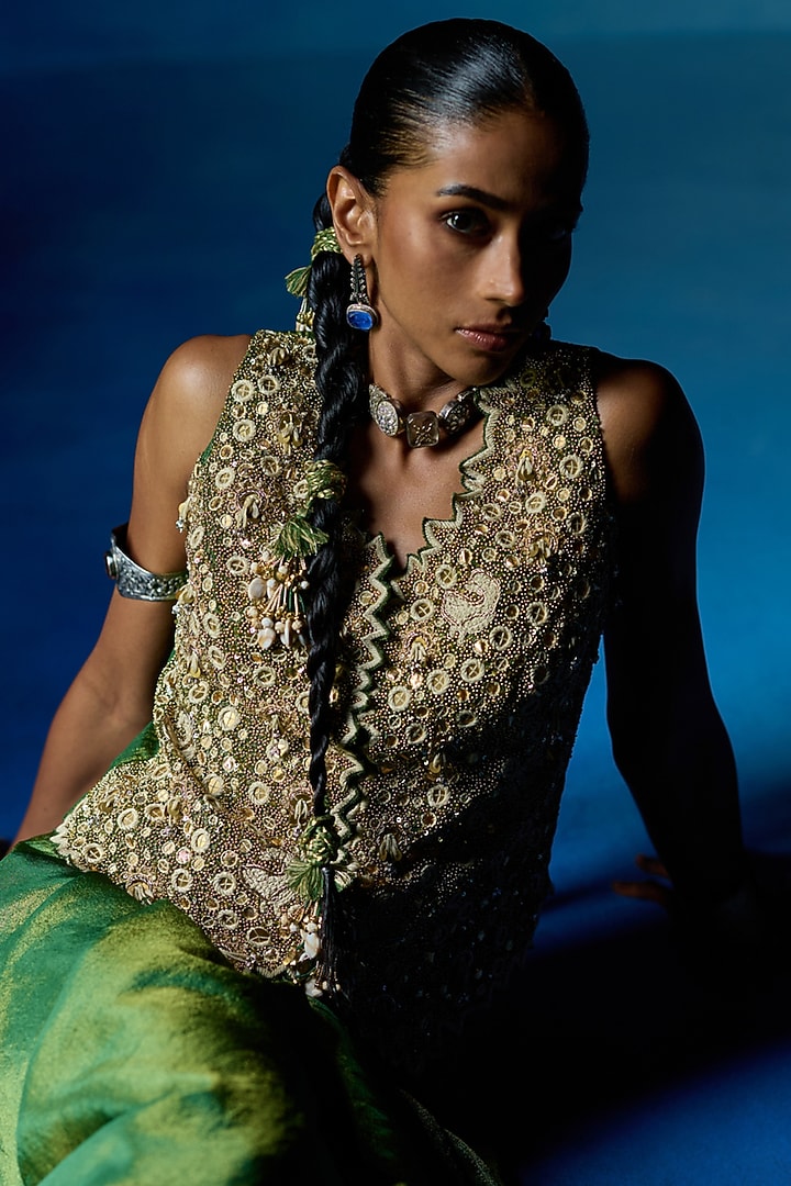 Green Crepe Tissue Draped Skirt Set by Sonam Luthria at Pernia's Pop Up Shop