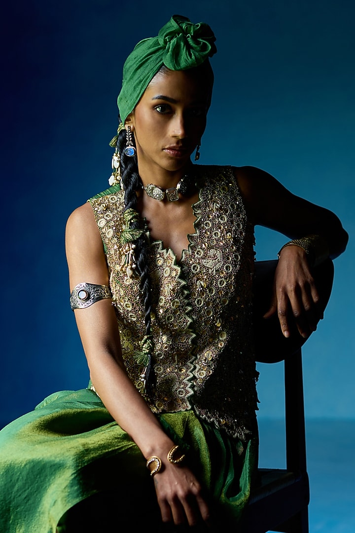 Green Crepe Tissue Draped Skirt Set by Sonam Luthria at Pernia's Pop Up Shop