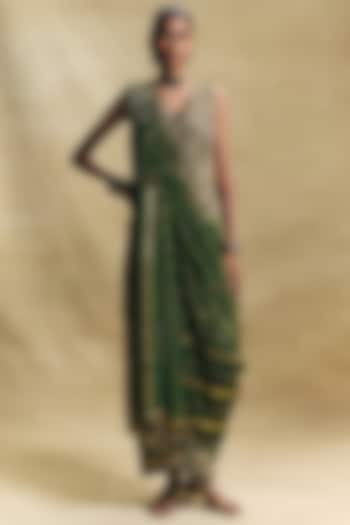 Green Crush Tissue Hand Embroidered Draped Pant Set by Sonam Luthria at Pernia's Pop Up Shop