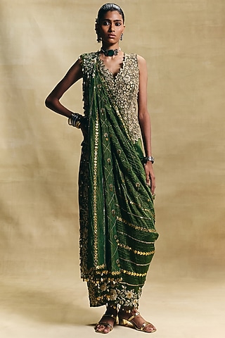 Green Crush Tissue Hand Embroidered Draped Pant Set by Sonam Luthria