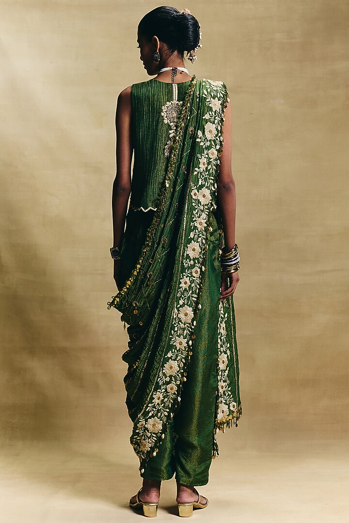 Green Crush Tissue Hand Embroidered Draped Pant Set by Sonam Luthria at Pernia's Pop Up Shop
