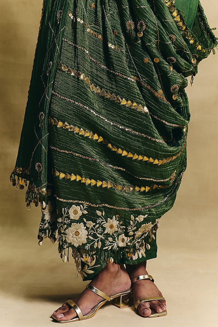 Green Crush Tissue Hand Embroidered Draped Pant Set by Sonam Luthria at Pernia's Pop Up Shop