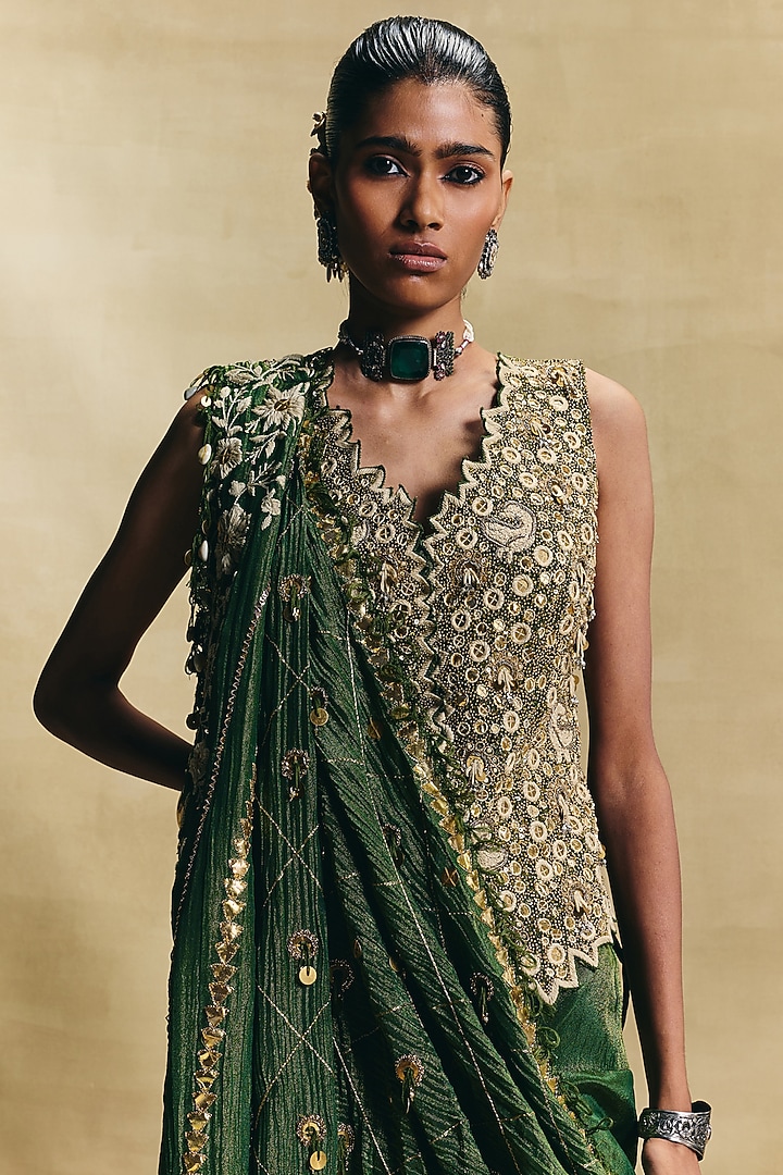 Green Crush Tissue Hand Embroidered Draped Pant Set by Sonam Luthria at Pernia's Pop Up Shop