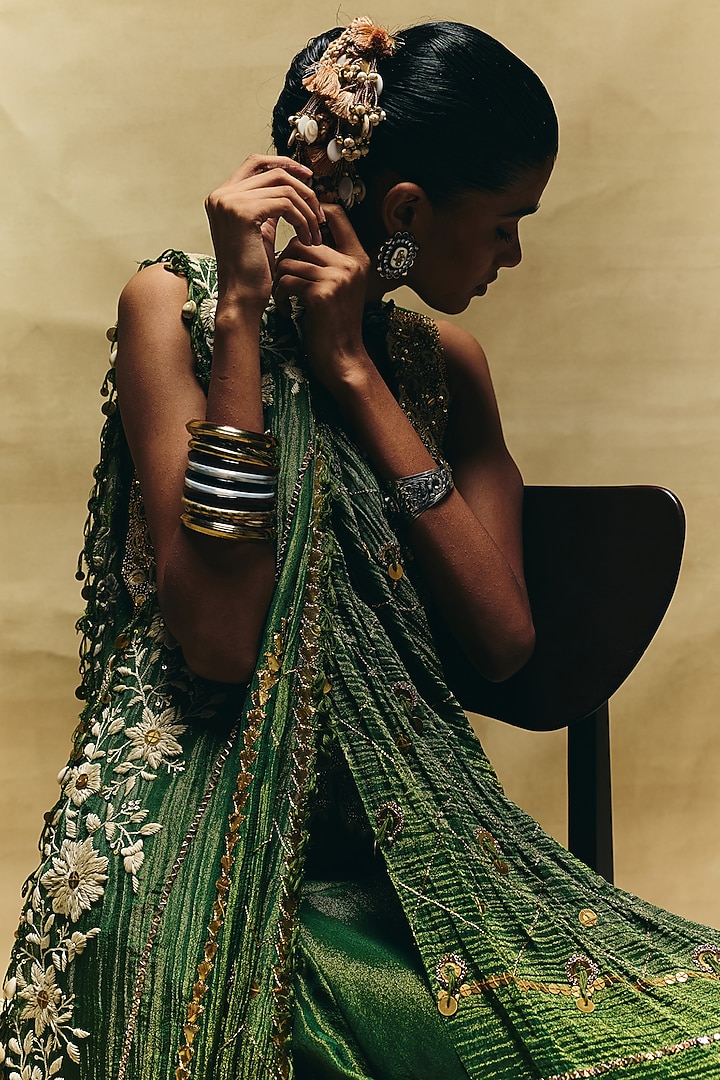 Green Crush Tissue Hand Embroidered Draped Pant Set by Sonam Luthria at Pernia's Pop Up Shop