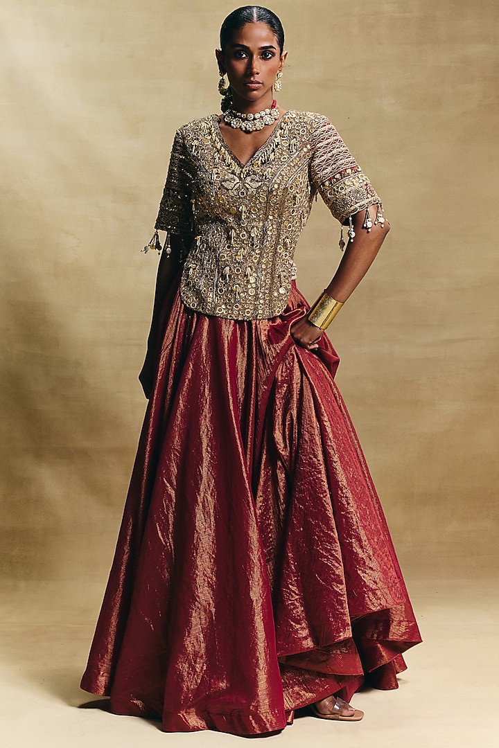 Red Cotton Tissue Wedding Lehenga Set by Sonam Luthria at Pernia's Pop Up Shop