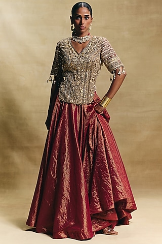 Red Cotton Tissue Lehenga Set by Sonam Luthria
