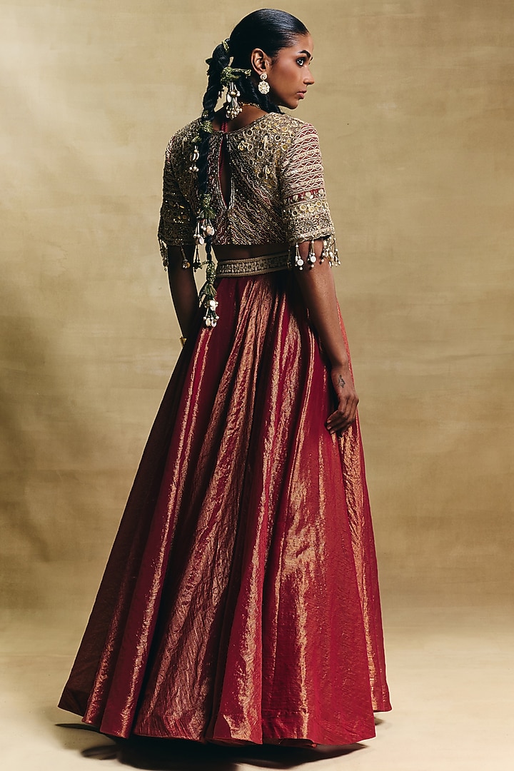 Red Cotton Tissue Wedding Lehenga Set by Sonam Luthria at Pernia's Pop Up Shop