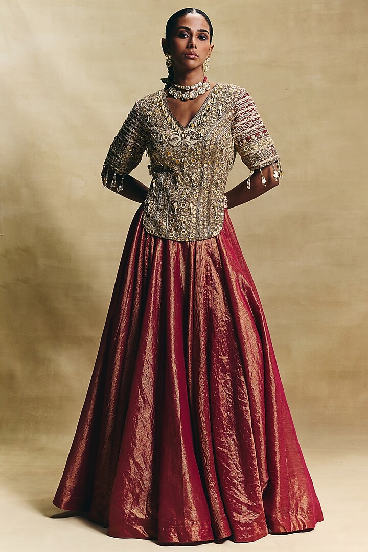 Red Cotton Tissue Wedding Lehenga Set by Sonam Luthria at Pernia's Pop Up Shop
