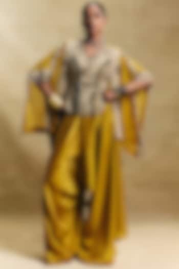 Mustard Chanderi Embroidered Cape Set by Sonam Luthria at Pernia's Pop Up Shop
