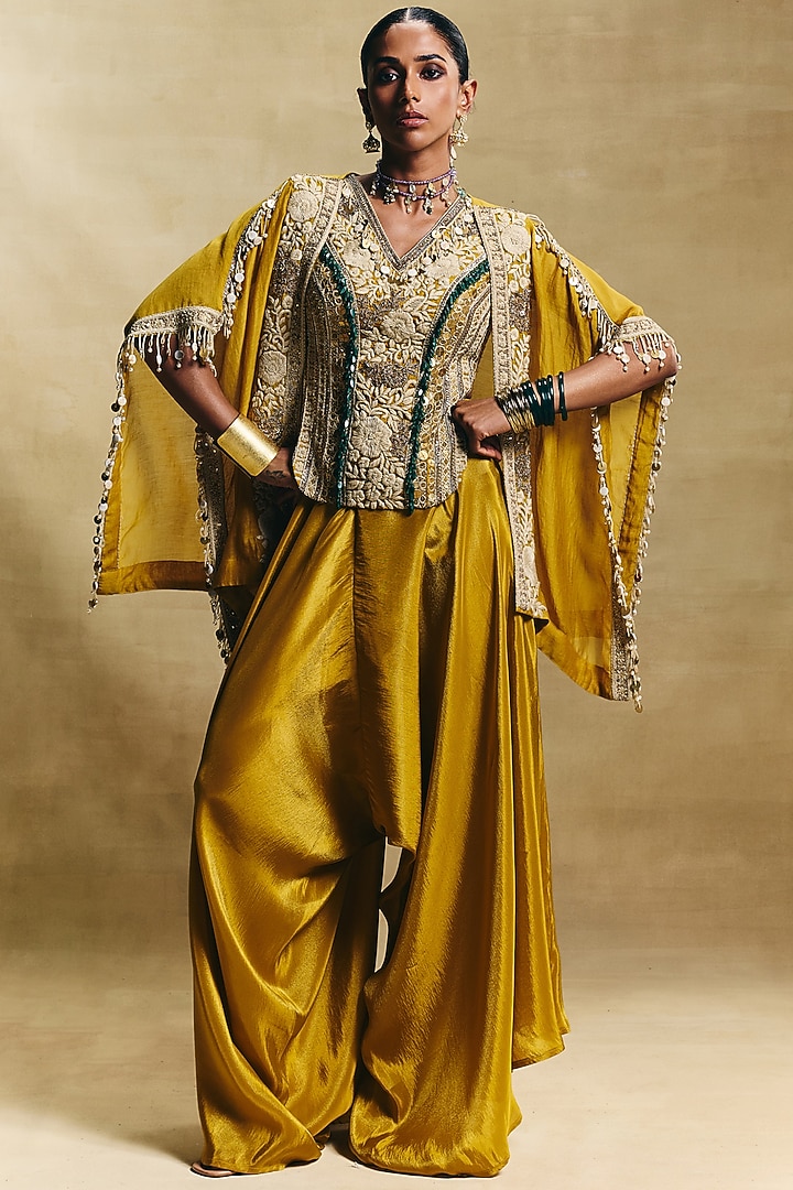 Mustard Chanderi Embroidered Cape Set by Sonam Luthria at Pernia's Pop Up Shop