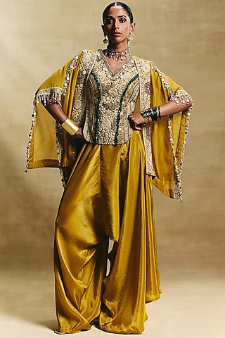 Mustard Chanderi Embroidered Cape Set by Sonam Luthria