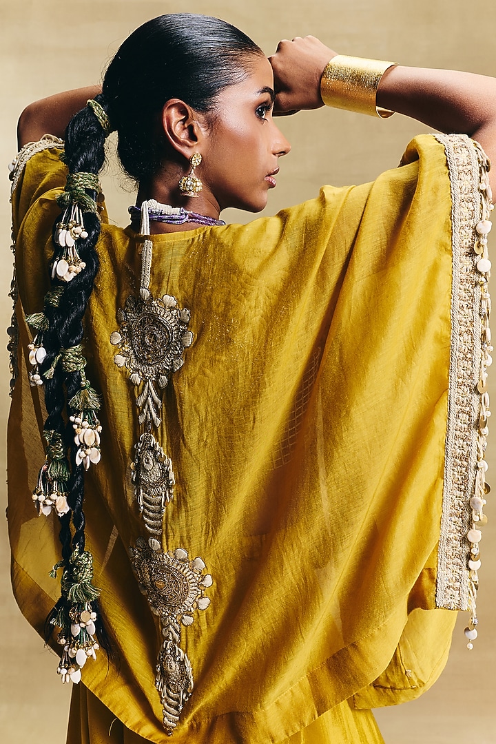 Mustard Chanderi Embroidered Cape Set by Sonam Luthria at Pernia's Pop Up Shop