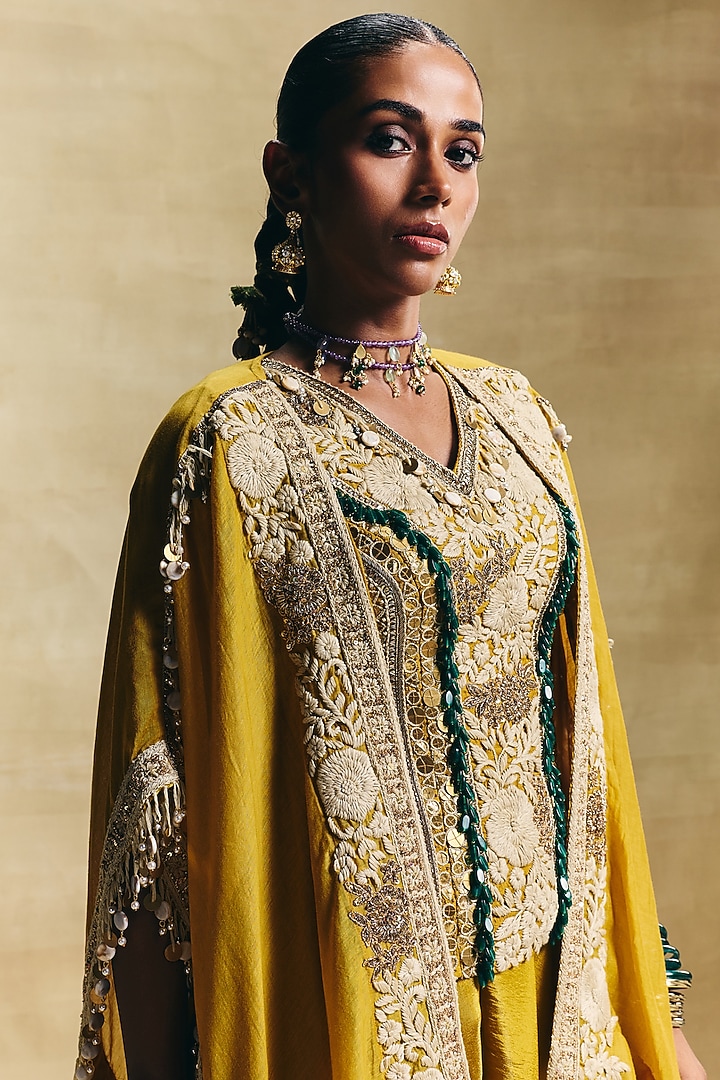 Mustard Chanderi Embroidered Cape Set by Sonam Luthria at Pernia's Pop Up Shop