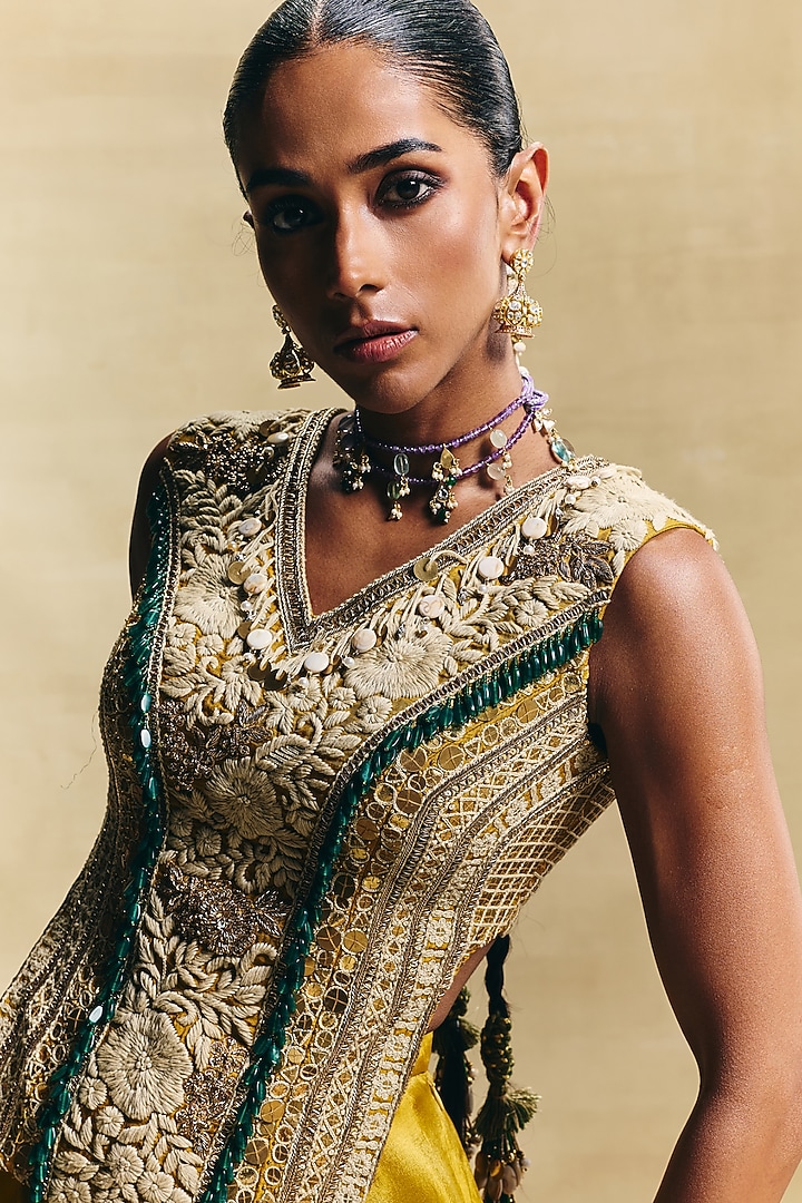 Mustard Chanderi Embroidered Cape Set by Sonam Luthria at Pernia's Pop Up Shop