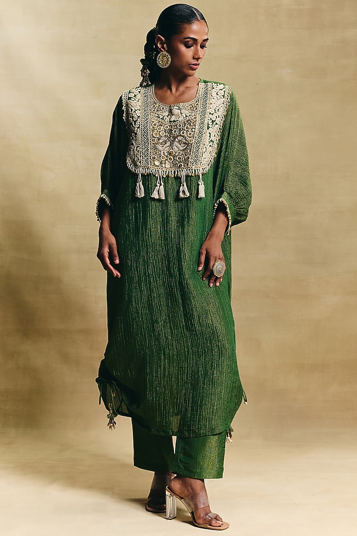 Green Crush Tissue Hand Embroidered Kaftan Set by Sonam Luthria at Pernia's Pop Up Shop