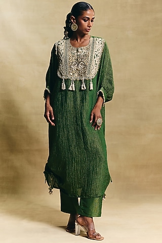 Green Crush Tissue Hand Embroidered Kaftan Set by Sonam Luthria