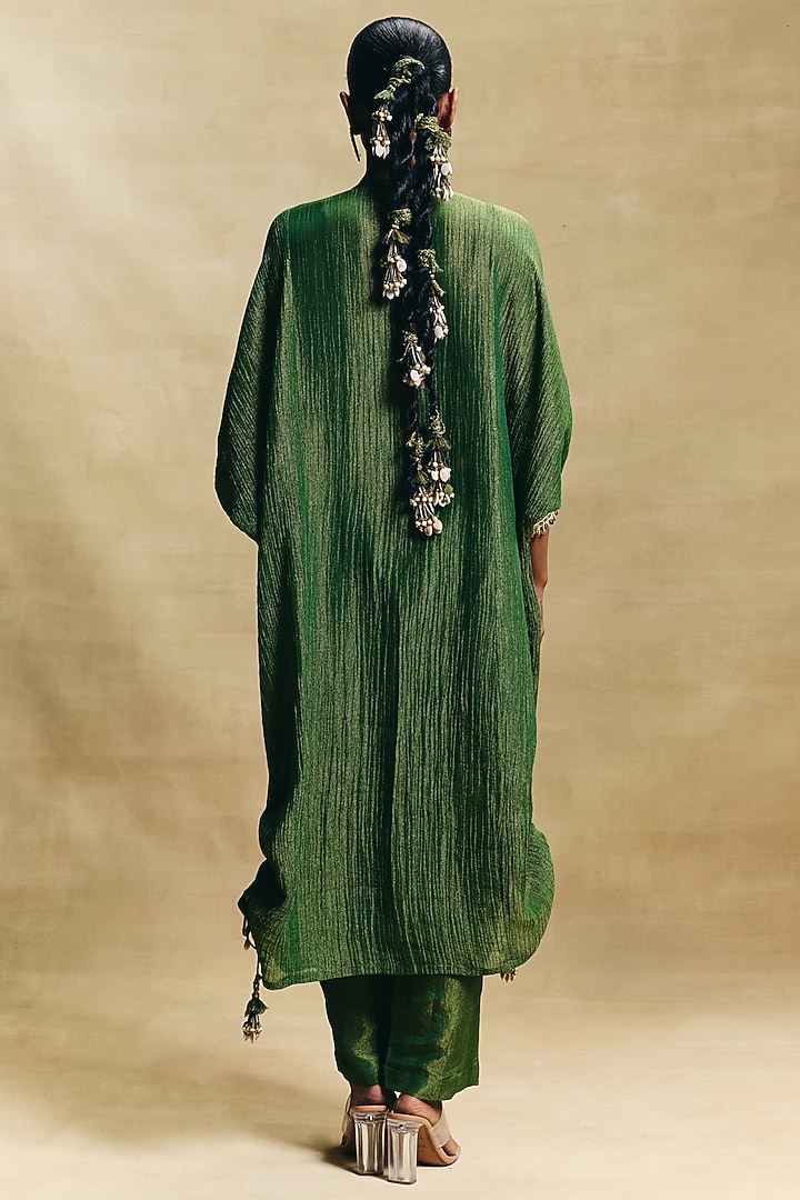 Green Crush Tissue Hand Embroidered Kaftan Set by Sonam Luthria at Pernia's Pop Up Shop