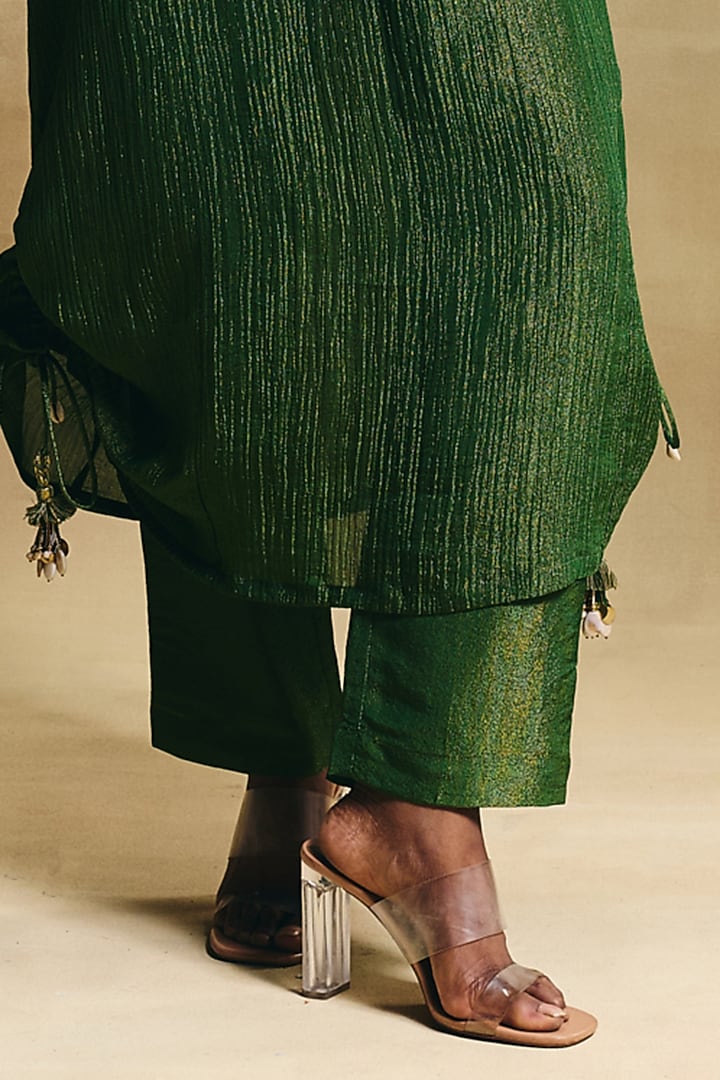 Green Crush Tissue Hand Embroidered Kaftan Set by Sonam Luthria at Pernia's Pop Up Shop