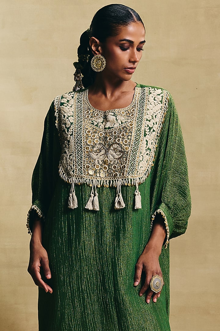 Green Crush Tissue Hand Embroidered Kaftan Set by Sonam Luthria at Pernia's Pop Up Shop