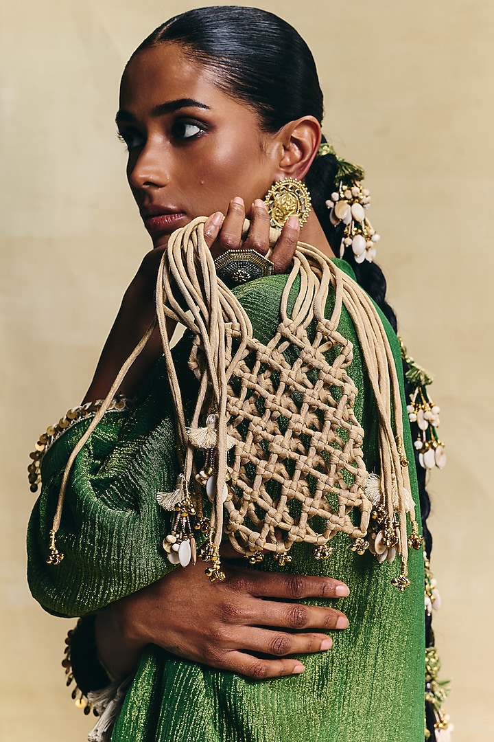Green Crush Tissue Hand Embroidered Kaftan Set by Sonam Luthria at Pernia's Pop Up Shop