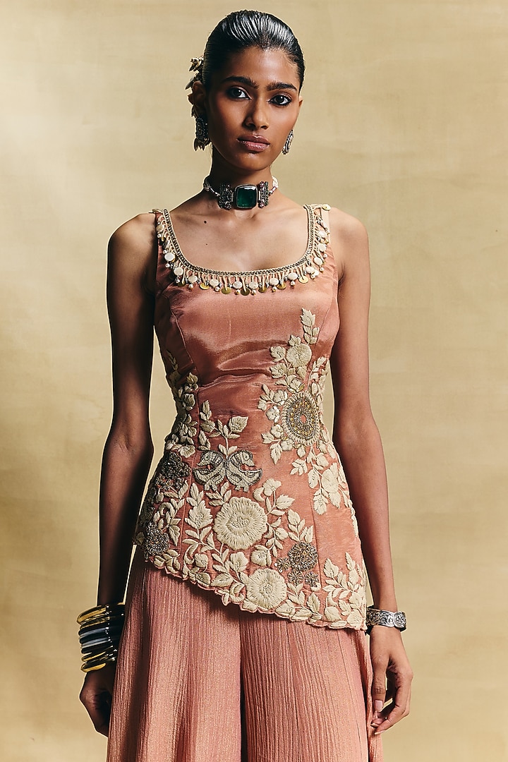 Peach Crush Tissue Gharara Set by Sonam Luthria at Pernia's Pop Up Shop