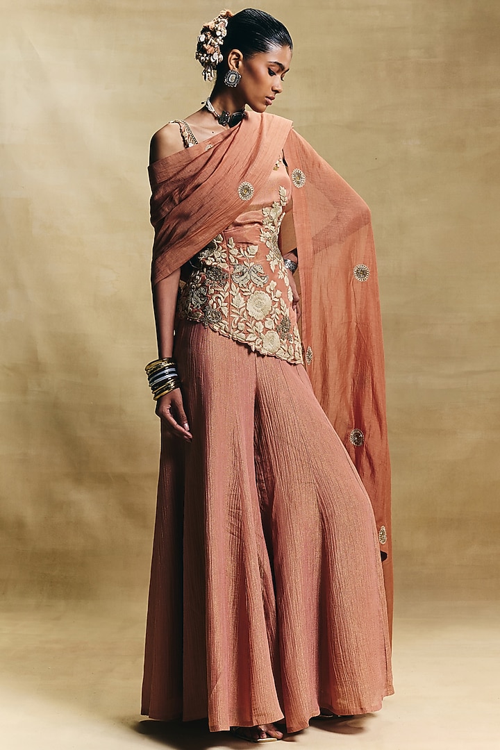 Peach Crush Tissue Gharara Set by Sonam Luthria at Pernia's Pop Up Shop