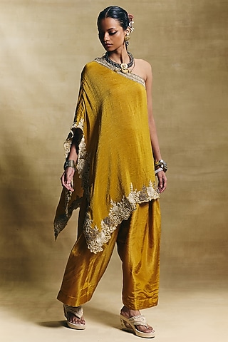 Mustard Crepe Tissue Farshi Salwar Set by Sonam Luthria