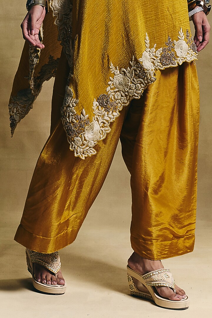 Mustard Crepe Tissue Farshi Salwar Set by Sonam Luthria at Pernia's Pop Up Shop