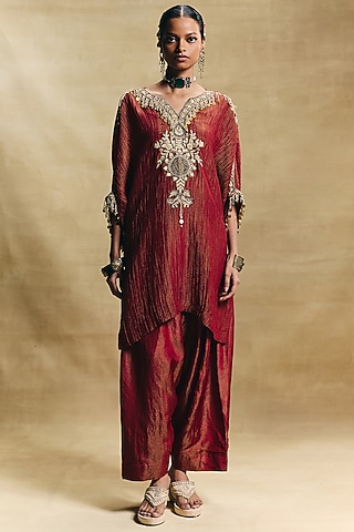 Red Crush Tissue Hand Embroidered Kaftan Set by Sonam Luthria