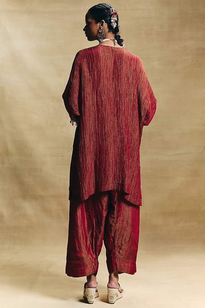 Red Crush Tissue Hand Embroidered Kaftan Set by Sonam Luthria at Pernia's Pop Up Shop