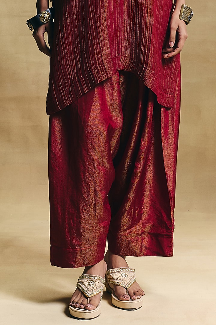 Red Crush Tissue Hand Embroidered Kaftan Set by Sonam Luthria at Pernia's Pop Up Shop