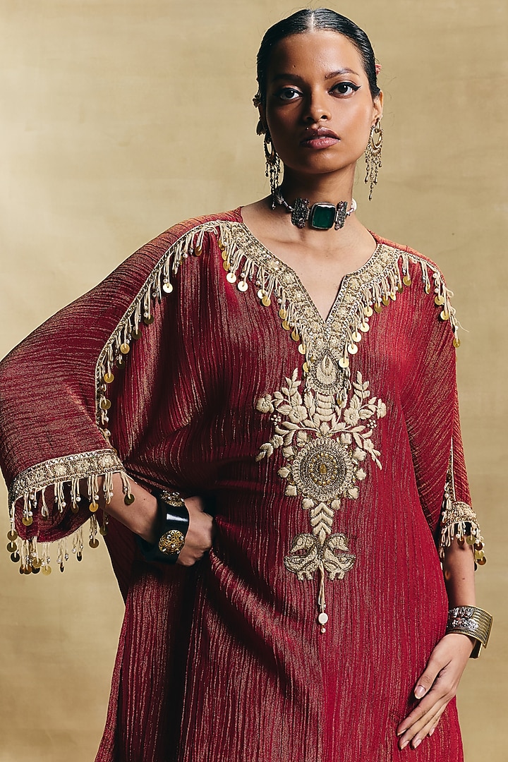 Red Crush Tissue Hand Embroidered Kaftan Set by Sonam Luthria at Pernia's Pop Up Shop