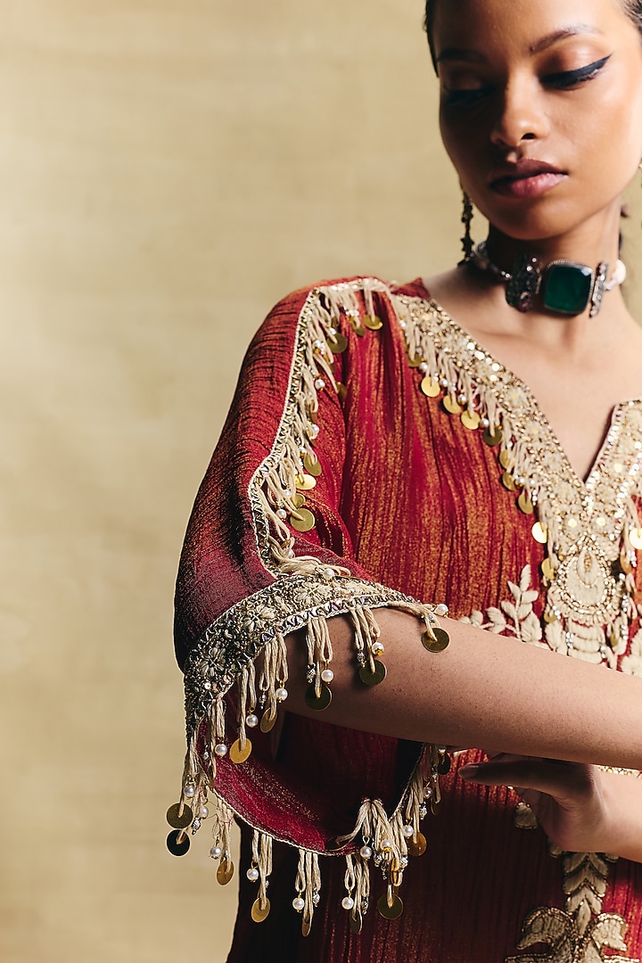 Red Crush Tissue Hand Embroidered Kaftan Set by Sonam Luthria at Pernia's Pop Up Shop
