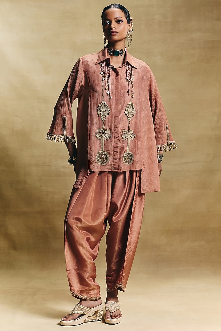 Peach Crush Tissue Hand Embroidered Co-Ord Set by Sonam Luthria at Pernia's Pop Up Shop