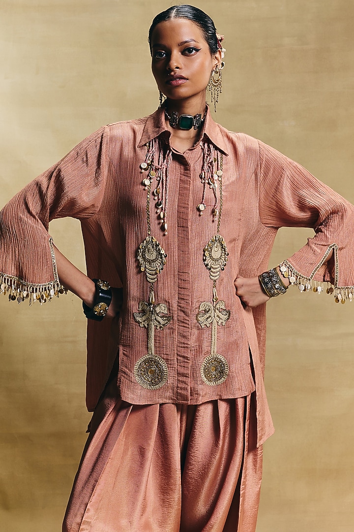 Peach Crush Tissue Hand Embroidered Co-Ord Set by Sonam Luthria at Pernia's Pop Up Shop