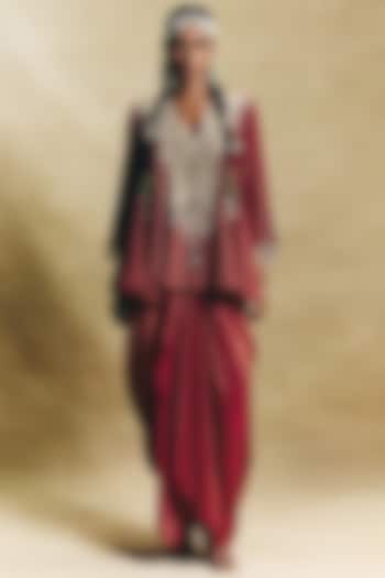 Red Crepe Tissue Draped Skirt Set by Sonam Luthria at Pernia's Pop Up Shop