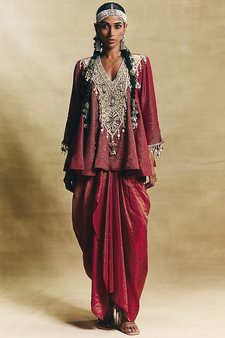 Red Crepe Tissue Draped Skirt Set by Sonam Luthria at Pernia's Pop Up Shop