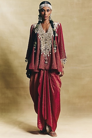 Red Crepe Tissue Draped Skirt Set by Sonam Luthria