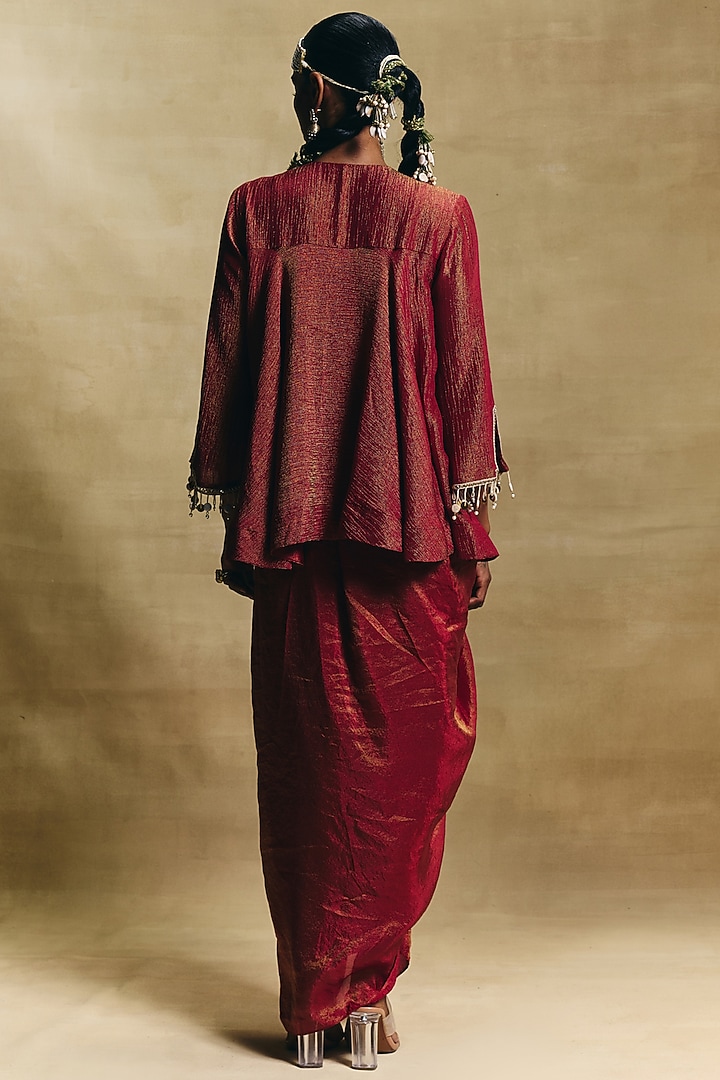 Red Crepe Tissue Draped Skirt Set by Sonam Luthria at Pernia's Pop Up Shop