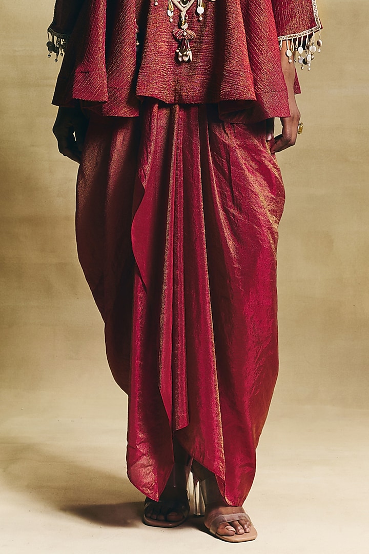 Red Crepe Tissue Draped Skirt Set by Sonam Luthria at Pernia's Pop Up Shop