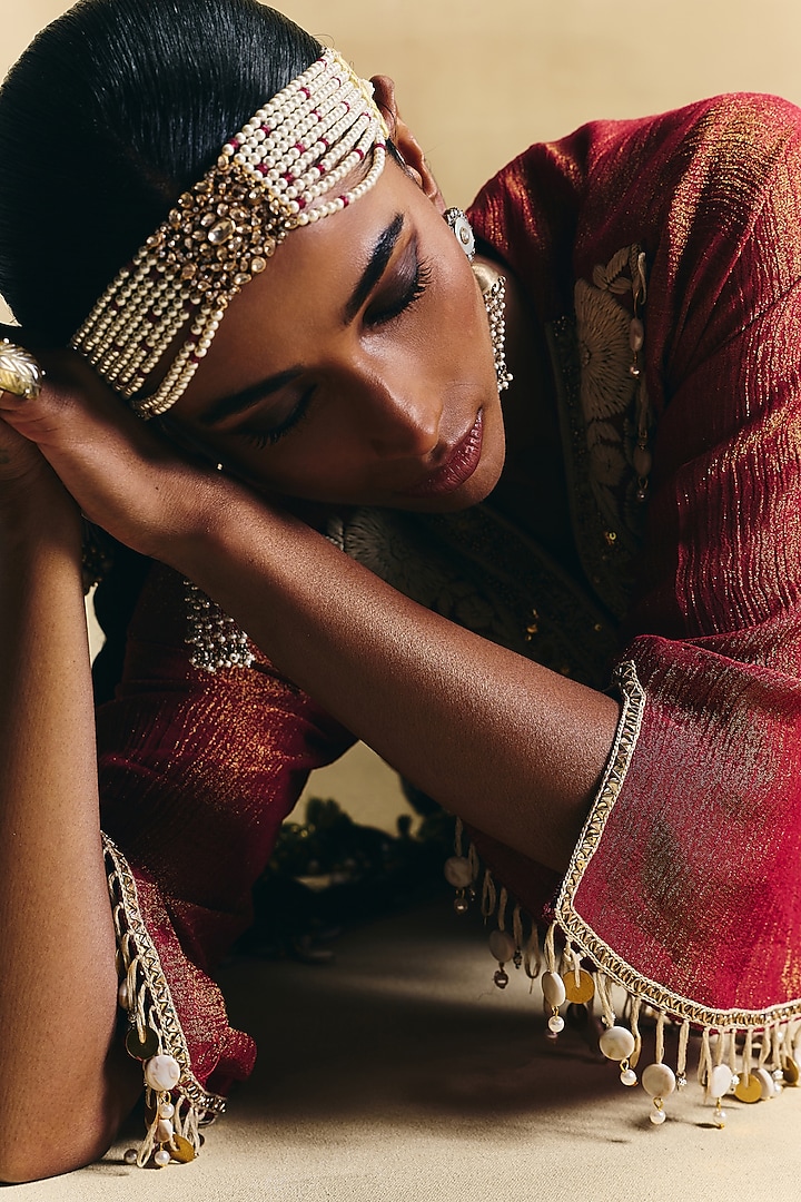 Red Crepe Tissue Draped Skirt Set by Sonam Luthria at Pernia's Pop Up Shop